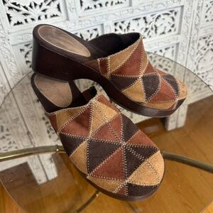 Retro Boho Western Brown Suede Patchwork Clogs Hippie Y2K Sz Womens 8.5